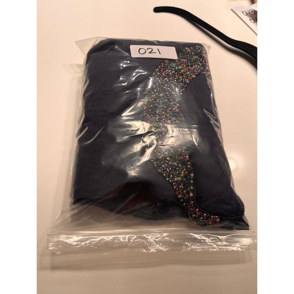 Lina Tomei Navy Blue Linen Short Sleeve Embellished Shift Dress Pockets - Picture 9 of 9